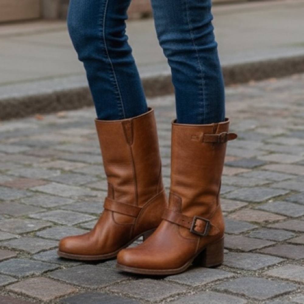 $369 Frye Vera Short Cognac Genuine Leather Buckle Moto Block Heel Riding Boots